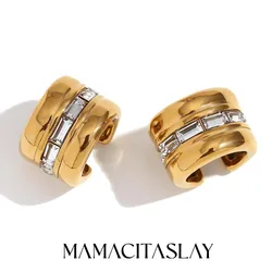 MamacitaSlay Classic Rectangle Colored Clear Zircon 11mm Wide 18K Gold Plated Ear cuffs Stainless steel earrings woman jewelry