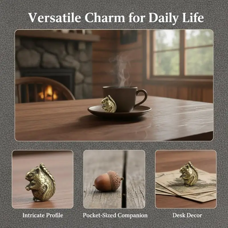 Hand Polished Brass Squirrel Statue Mini Cute Animal Figurine Desktop Ornament for Home Office Desk Decor Gift for Animal Lovers