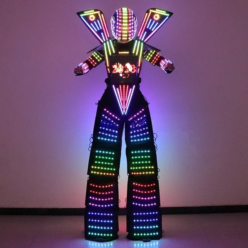 LED Robot Suit Full Color Smart Pixels Costume Light Up Stilts Walker Clothing Luminous Jacket Chest Display Helmet Laser Gloves