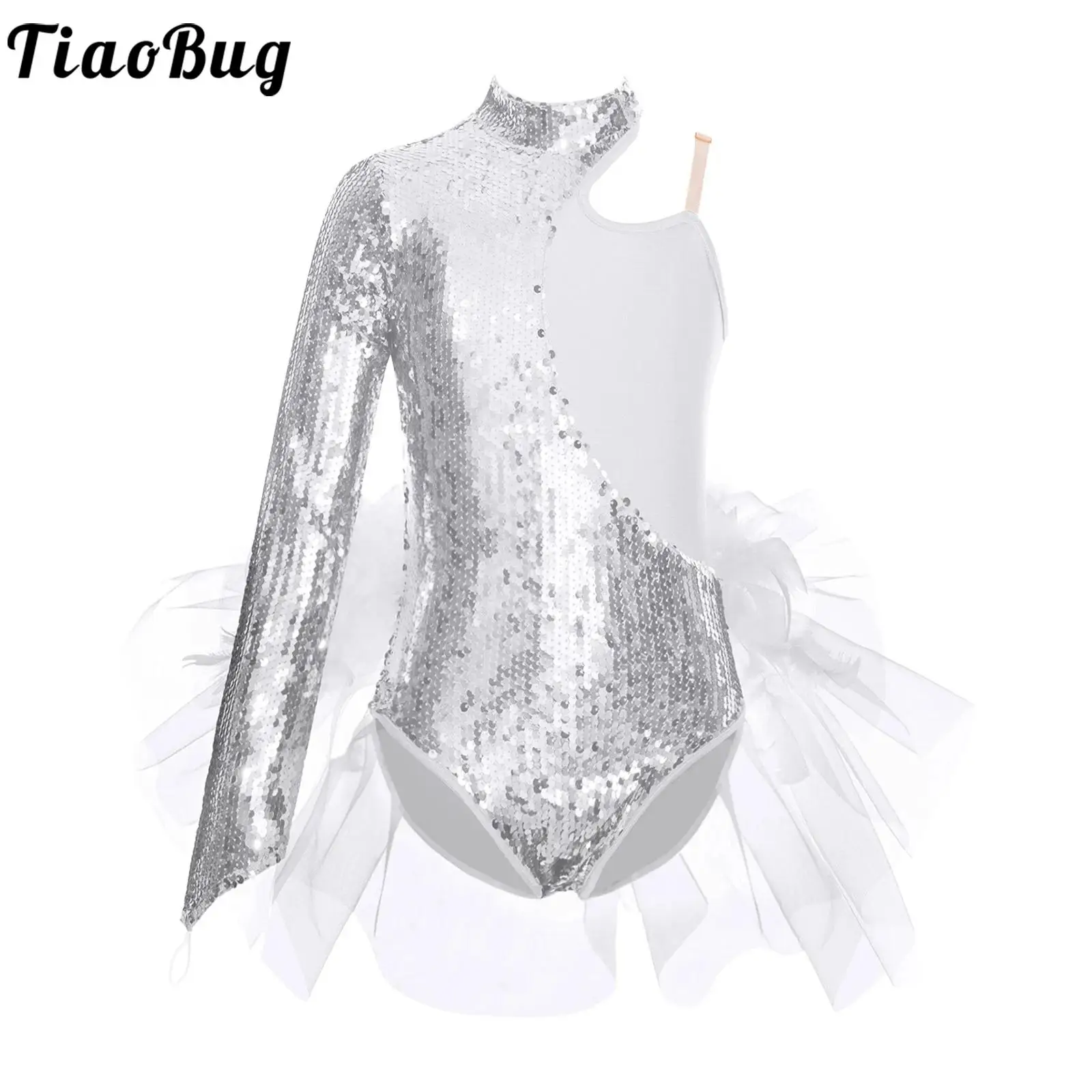 Kids Girls Figure Skating Performance Costume Ballet Dance Gymnastics Leotard Sparkly Sequins Feather Tulle Skirted Bodysuit