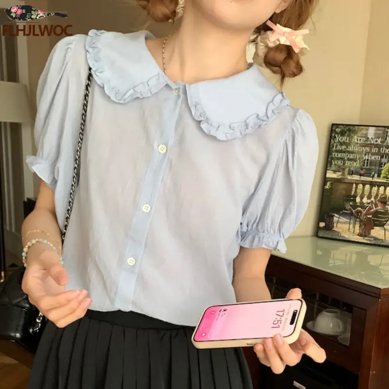 Retro Cute Chic Tops Hot 2023 Women Summer Korea Japan Style Design Peter Pan Collar Button Shirt Blouse FLHJLWOC Design Vintage