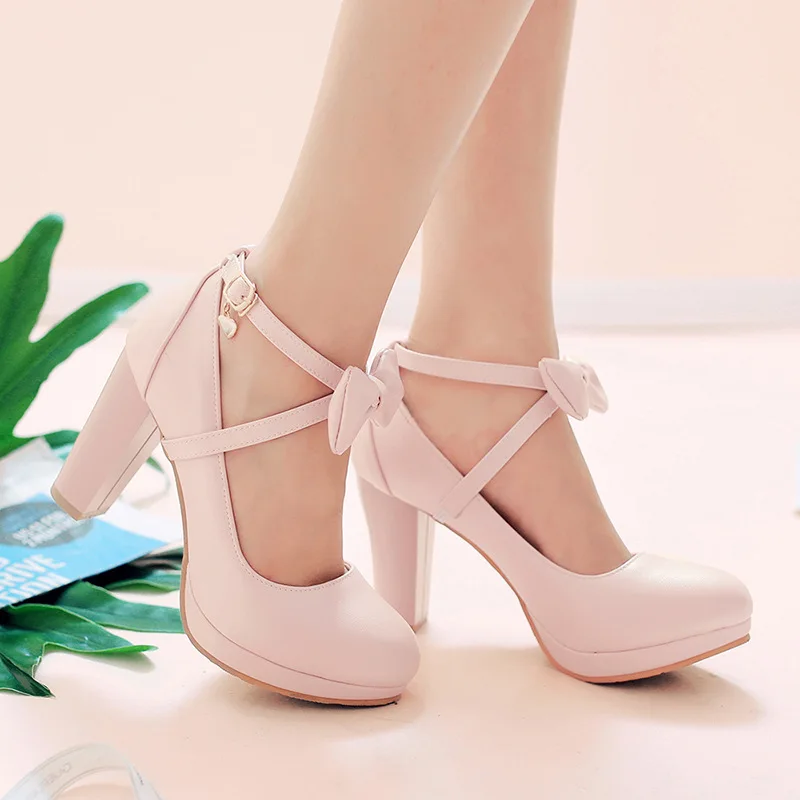 Plus Size 34-43 Girls High Heel Shoes 9cm Women Round Toe Heel Pumps Women\'s Platform Pumps with Bow Party Wedding Shoes