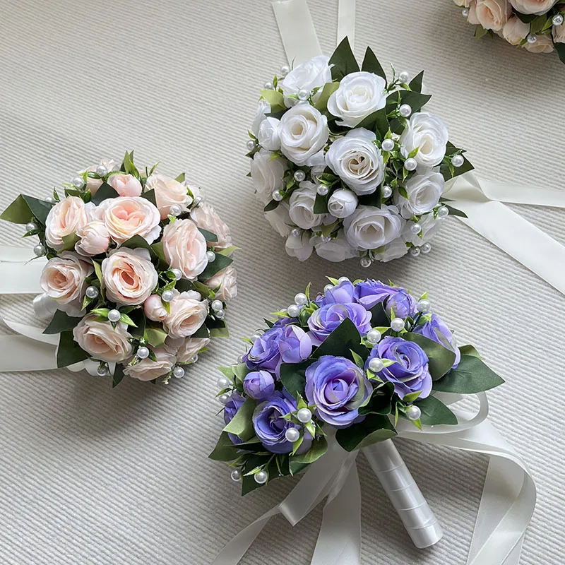 

Bride Bridesmaids Wedding Bouquet Accessories Fake Pearl Silk Roses Artificial Holding Flowers Table Centerpiece Marriage Decor