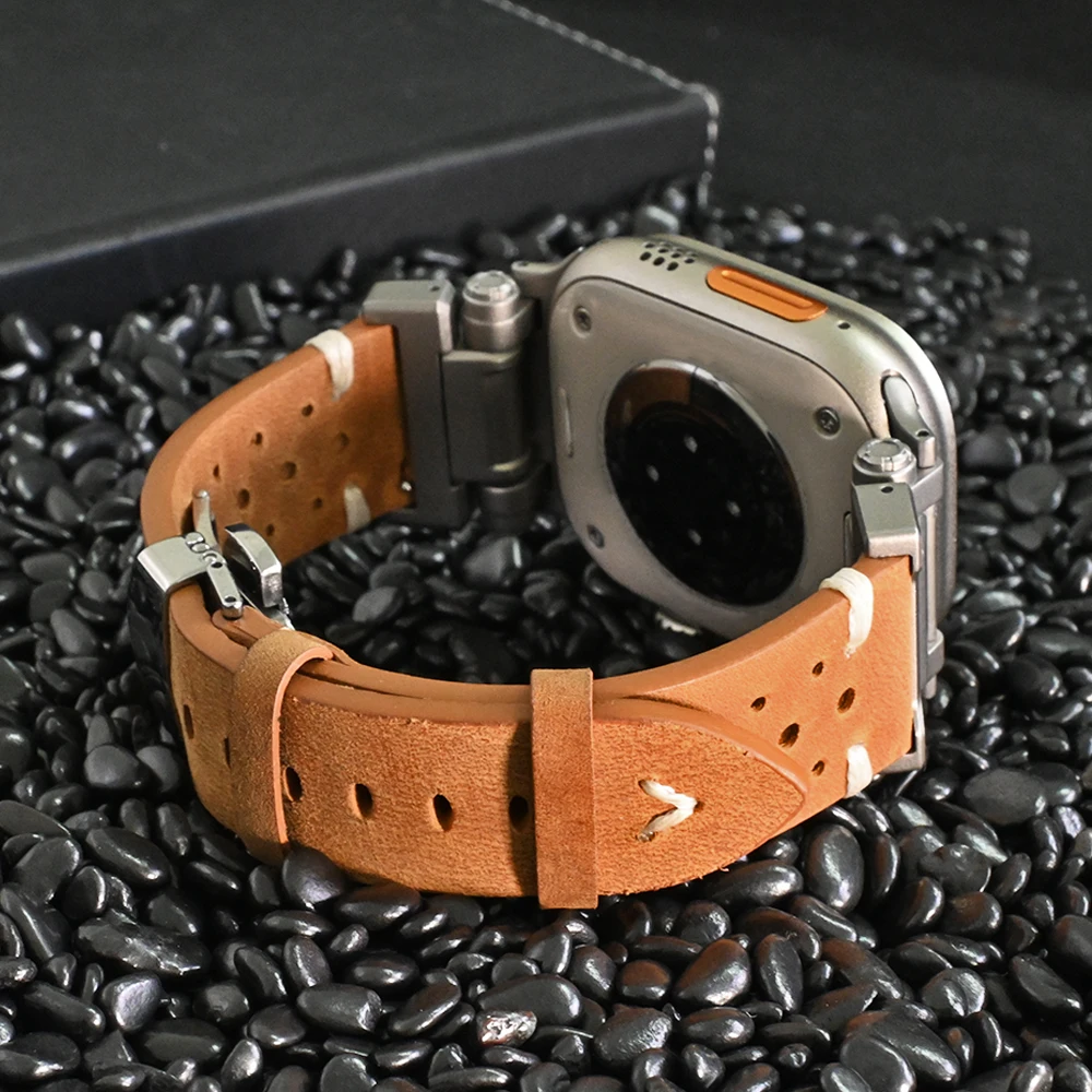 Leather Strap for Apple Watch 9 Ultra 2 Band 49mm 45mm Titanium Color Luxury Bracelet for iwatch Series 9 7 8 6 5 4 se 44mm 42mm image 3