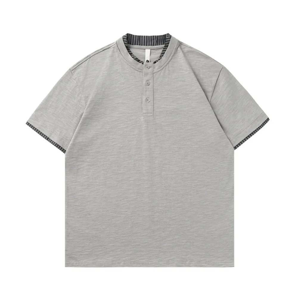 

Tops Men Top Henley Collar Short Sleeve Fake Two Piece Striped Splice Pullover Shirt Y2k Streetwear Casual Work Loose Summer