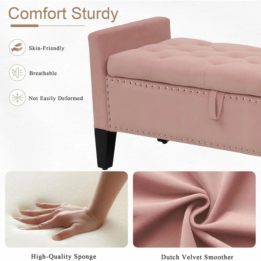 Pink Velvet Storage Ottoman with Button-Tufted Upholstered End of Bed Bench for Living Room, Bedroom, or Entryway view 4