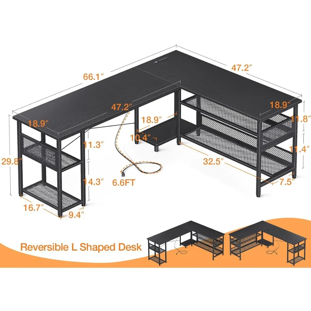 66" L Shaped Desk with Power Outlet and USB Charging Ports, Reversible L Shaped Computer Desk with Storage Shelves