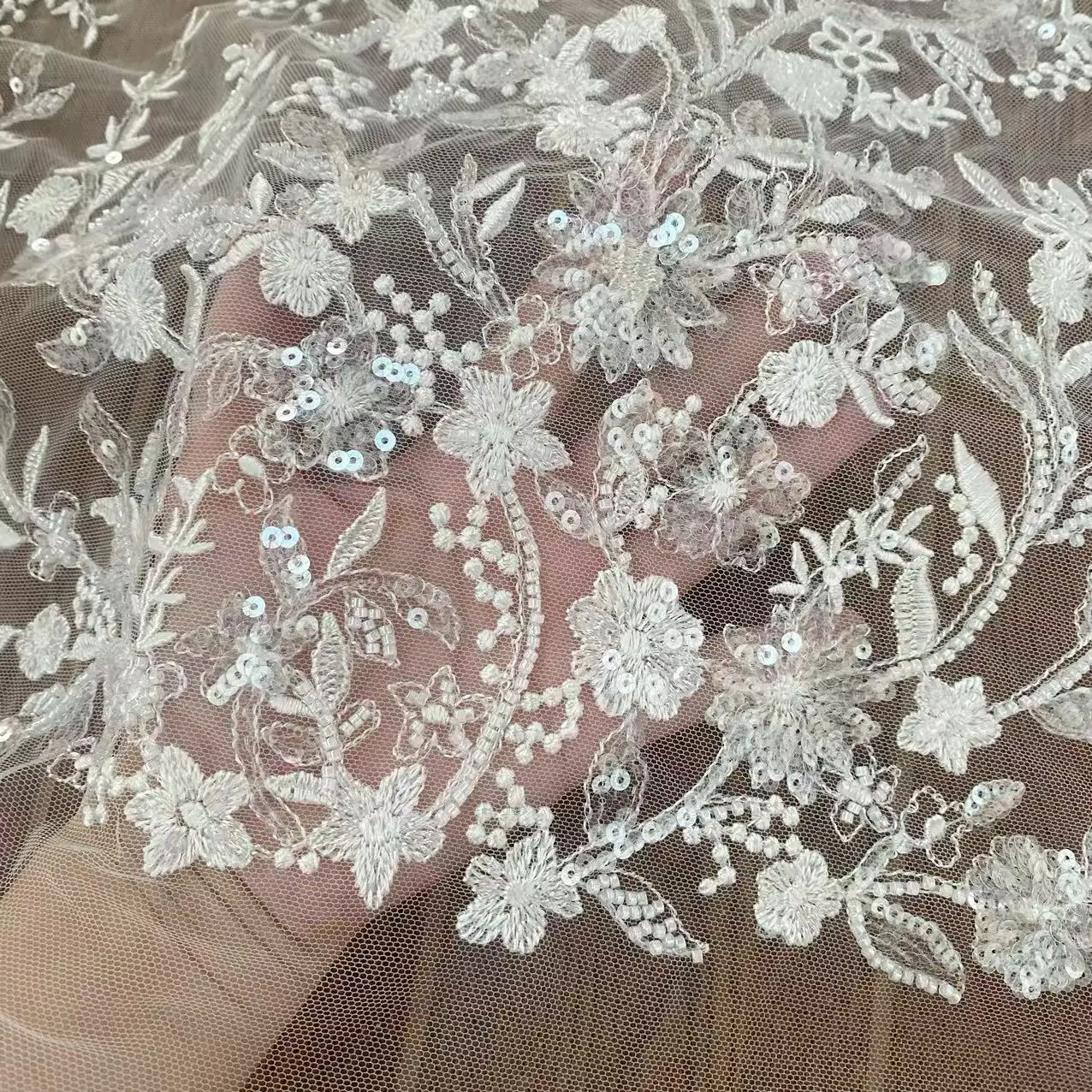 Nicelace-Sequins and Beads Embroidery Lace Fabric, Soft Tulle, Bridal Wedding Gowns, Garments, Good Quality, Width 130, 1Yard