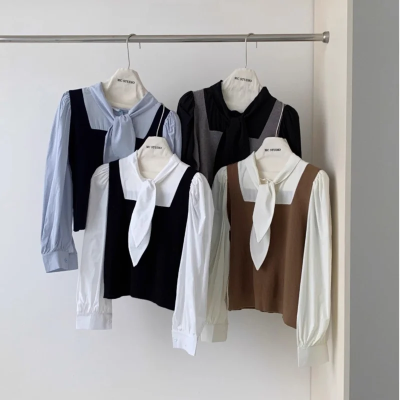 Design Sensation Kaninchen Ohr Fliege Gestrickte Patchwork Lange Sve frauen irt Herbst Vielseitig Bogen Top Koreanische Sle Lose fit