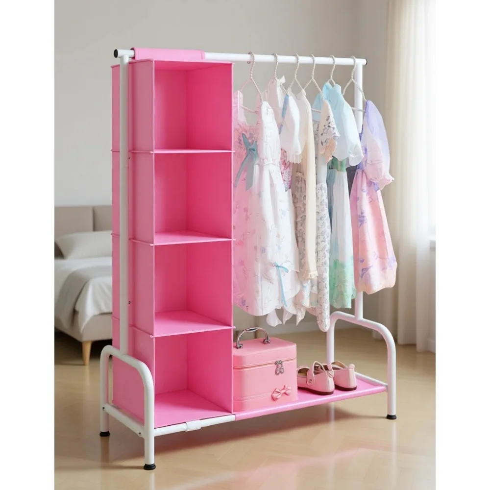 

Tall Kids Clothing Rack with Hanging Organizer Sturdy Metal Baby Closet Space Saving Nursery Bedroom Pink White