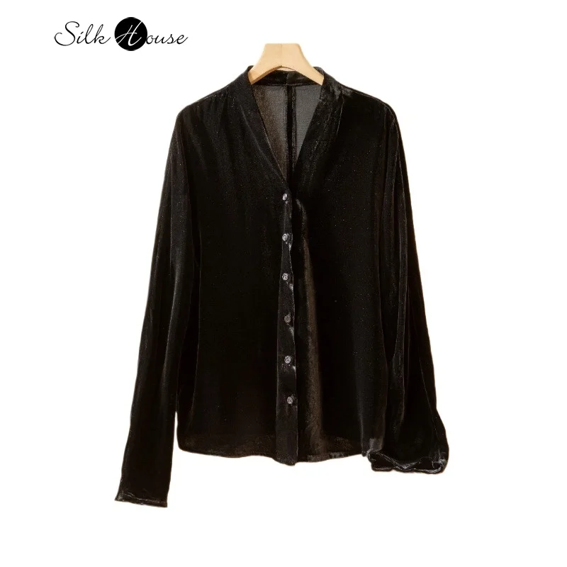 

2024 Women's Fashion Autumn New Light Luxury 30% Natural Mulberry Silk Velvet Long Sleeve V-neck Versatile Black Shirt