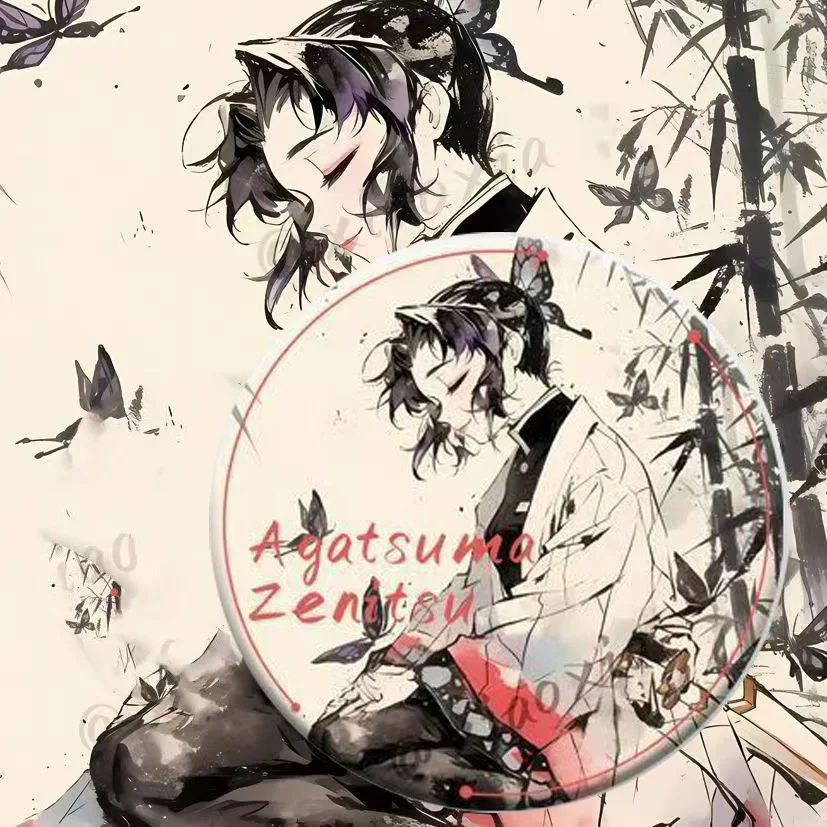 58mm Demon Slayer: Kimetsu no Yaiba Fan-made Ink Wash Style Anime Badge Rainbow Radiation Tinplate Brooch featuring Shinobu Ko view 5