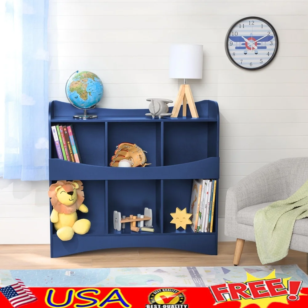 

Kids Toy Storage Bookcase with Six Open Cubes Organizing Toys Books Art Supplies Wall-Mounted Safety Features Navy Blue Finish