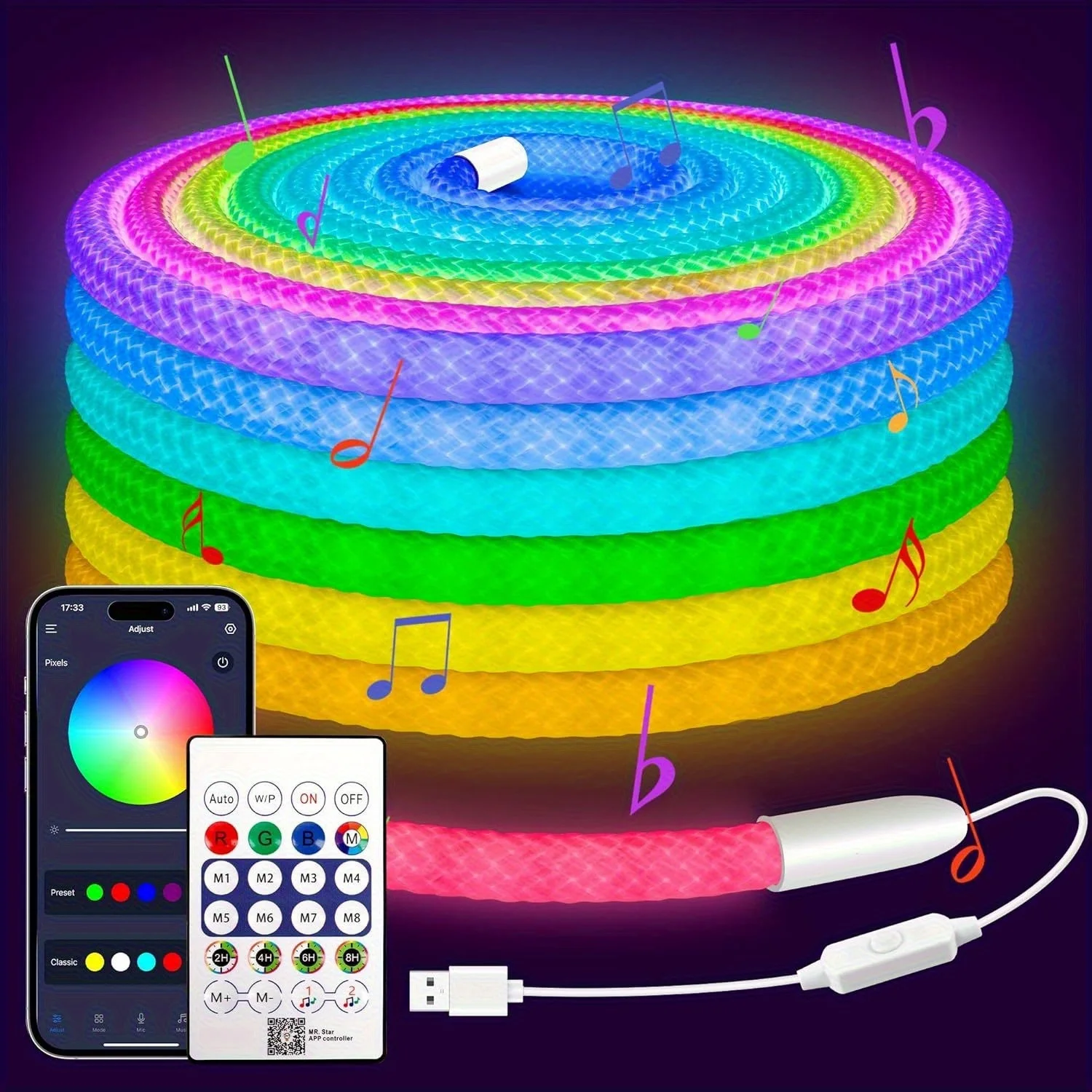 丸型網状rgbicネオンledストリップライトusb-5vスマートbluetooth-ledネオンライトロープルームデコレーションドリーミーカラーズチェイシングランプ