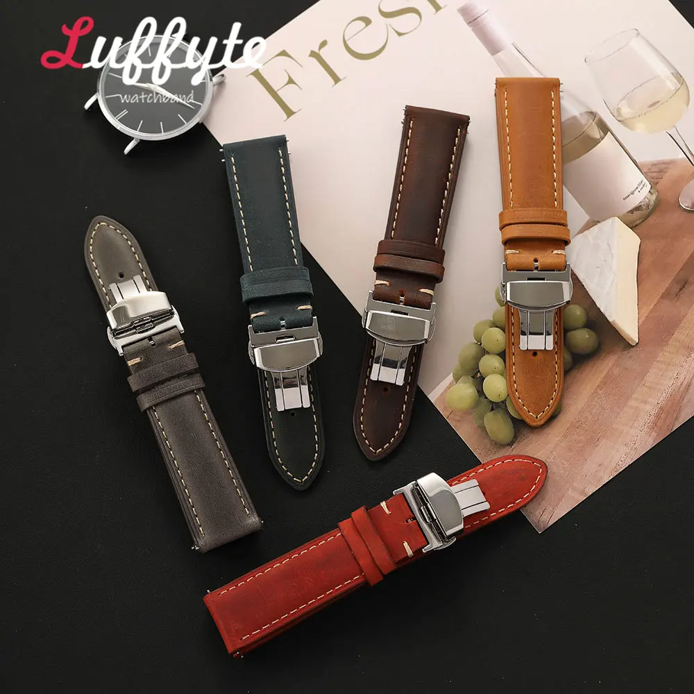 Mehrfarbige Herren-Uhrenarmbänder aus Crazy-Horse-Leder mit Schnellverschluss und Butterfly-Schnalle, 18/20/22mm Universeller Ersatzriemen