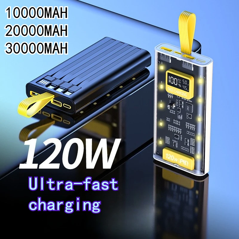 

30000mAh Transparent Mecha Wind 120W Fast Charging Power Bank with Cable Large Capacity LED Light Portable Power Bank