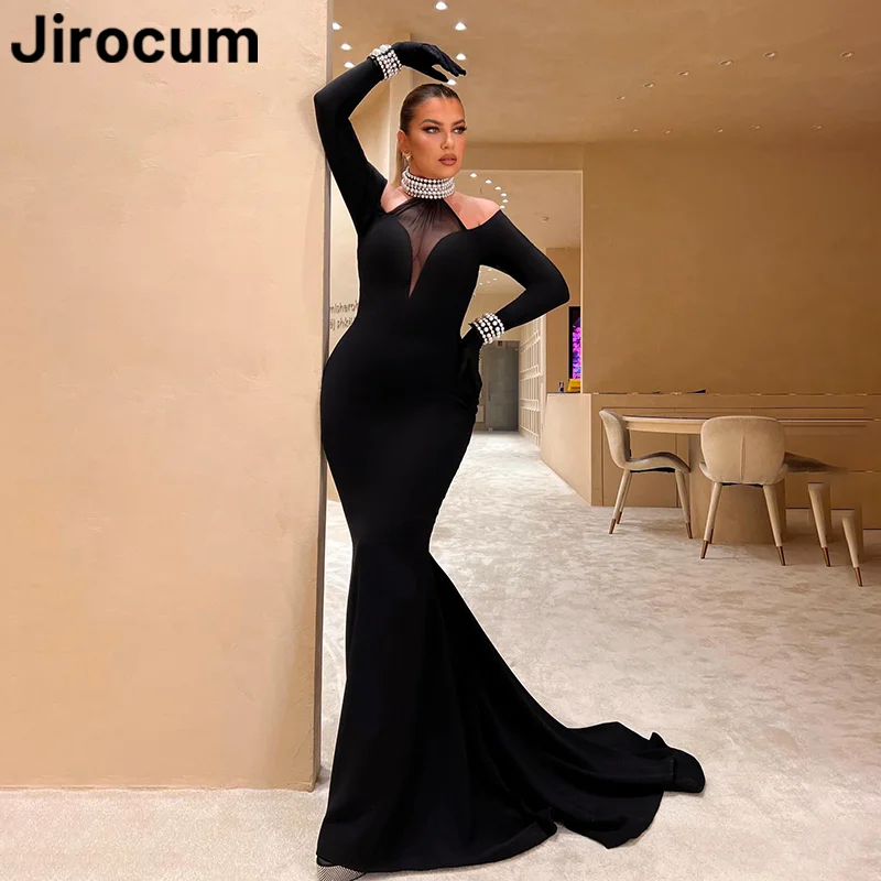 

Jirocum Elegant Mermaid Prom Dress Women's Black Turtle Neck Party Evening Gown Long Sleeve Ankle Length Special Occasion Gowns