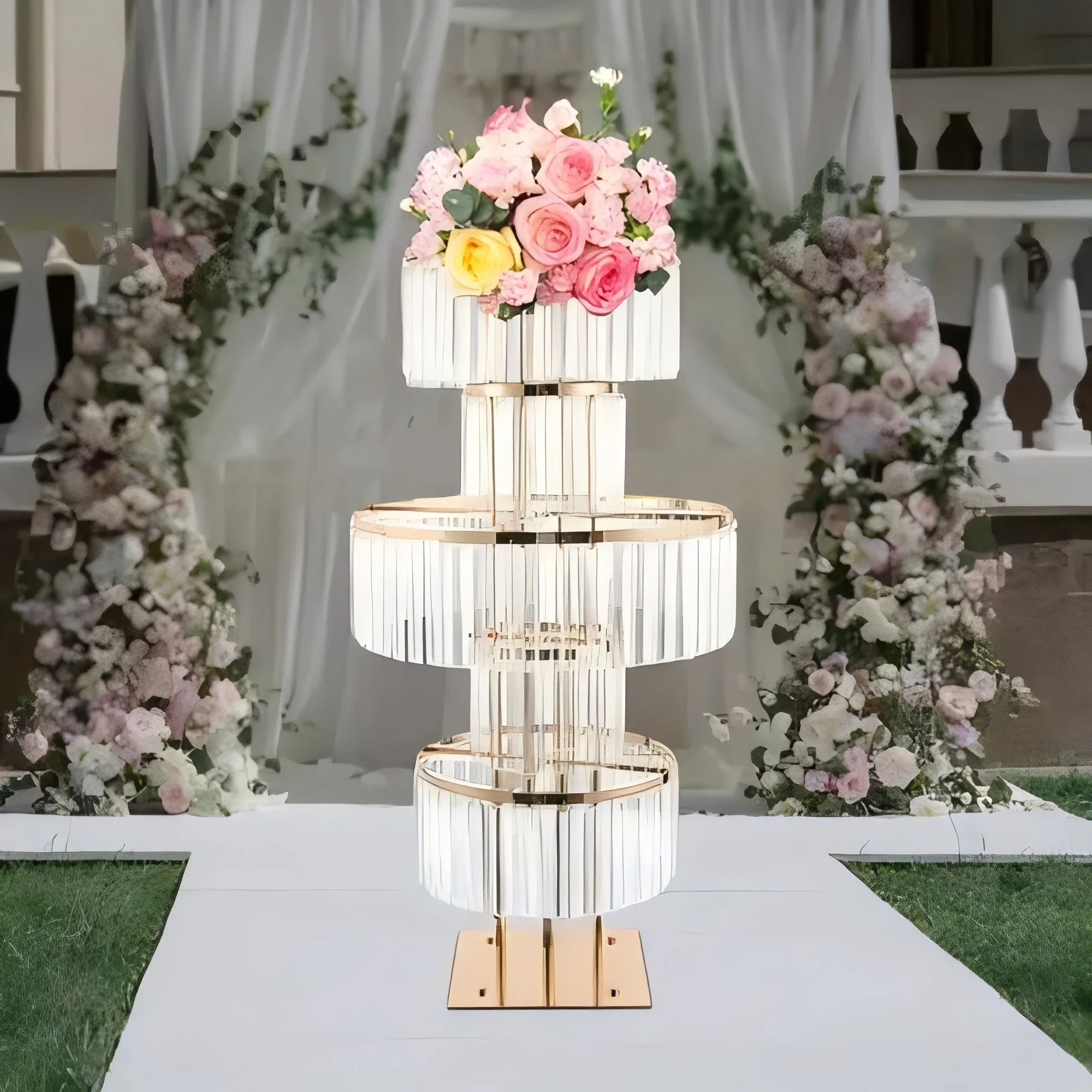 Elegante Eleganz: 100 cm hoher 5-stufiger Blumenständer im Kristall-Stil aus Acryl mit goldenem Rahmen - Das ultimative Hochzeits-Centerpiece – Detail 6