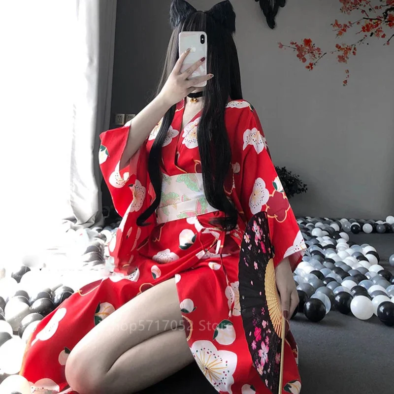 Kimono Dress Woman Sakura Japanese Style Geisha Costume Sexy Bathrobe Yukata Obi Pajamas Sexy Lingerie Nighttowns Clothes Party