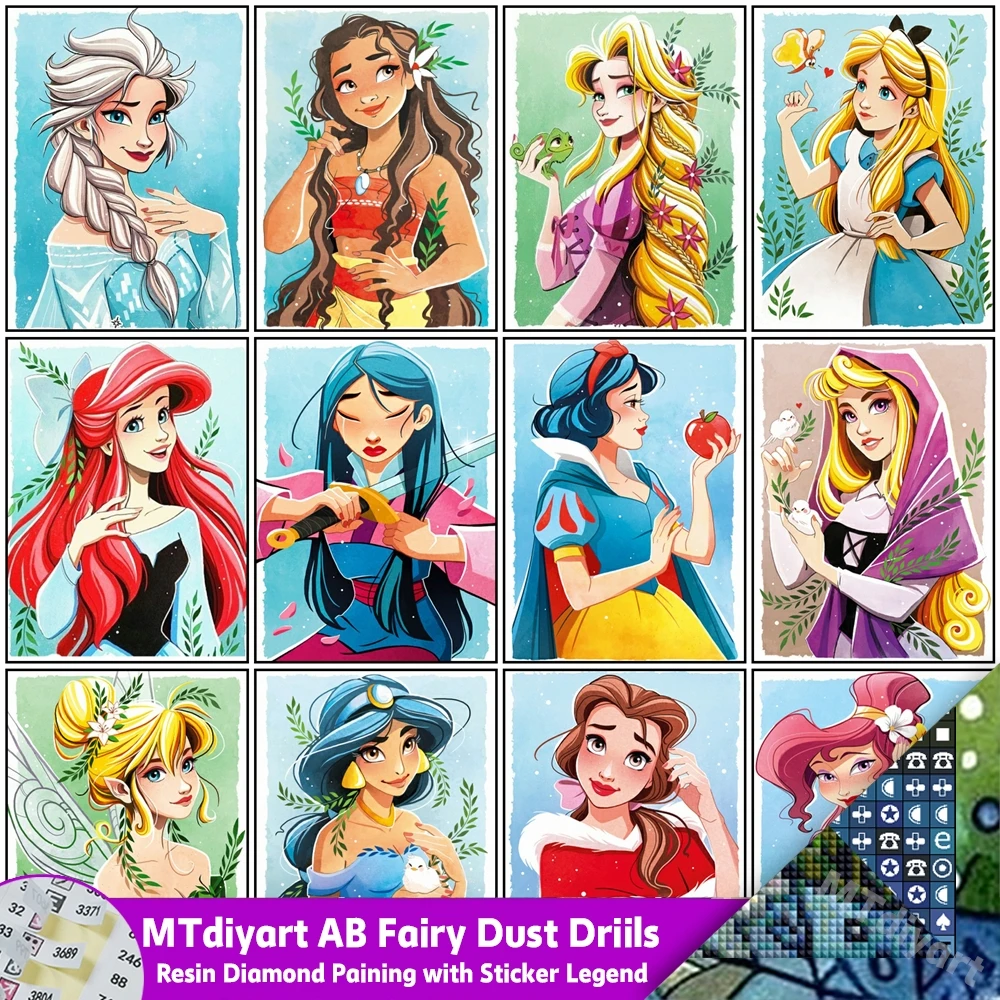 Disney Princess 5D Diamond Painting Fairy Dust AB Sticker Legend Alice In Wonderland Mulan Mosaic Woman Girl Tinker Bell Decor