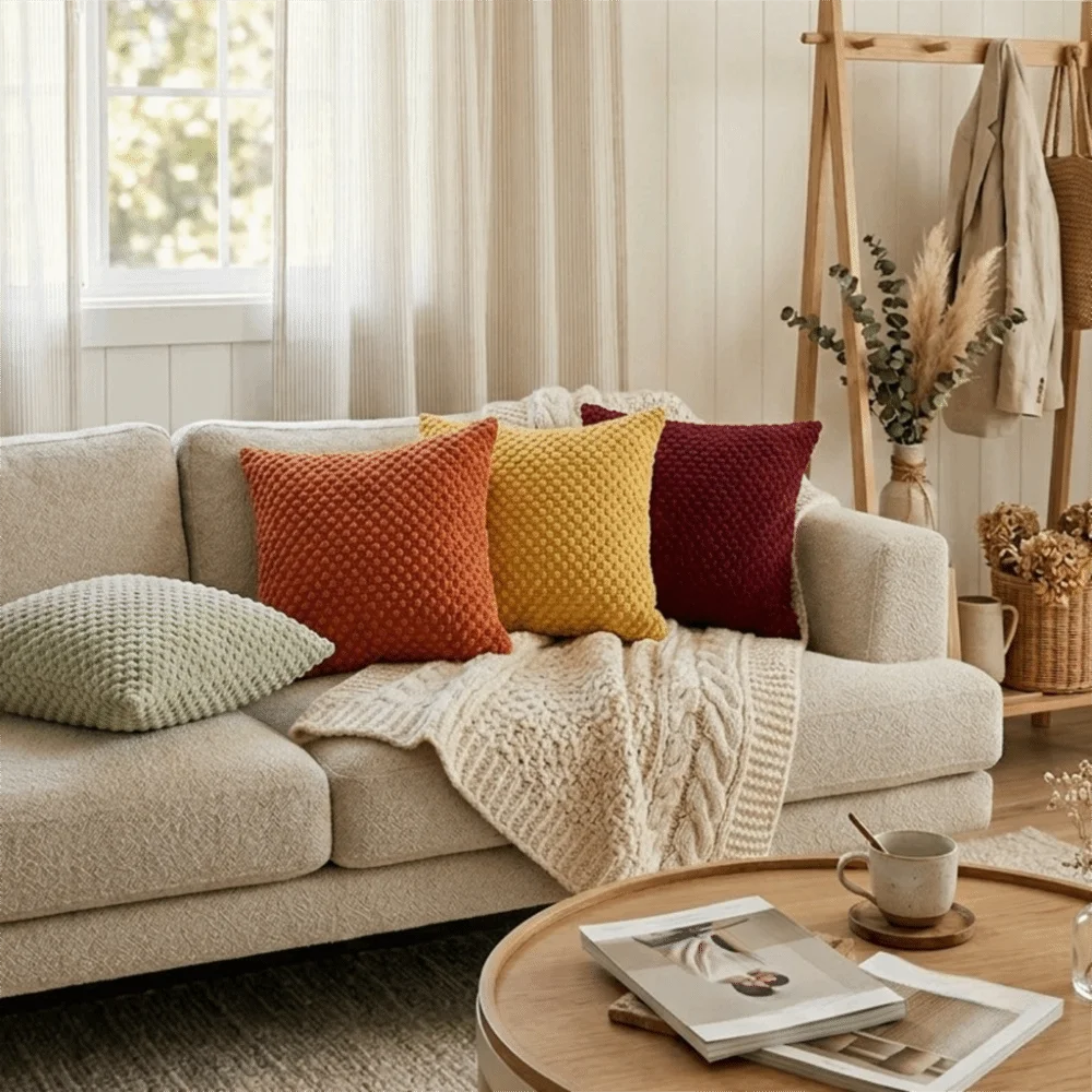 4PCS Grainy Texture Corn Kernel Throw Pillow Cover Solid Color Corduroy Sofa Cushion Cover Square Large Size