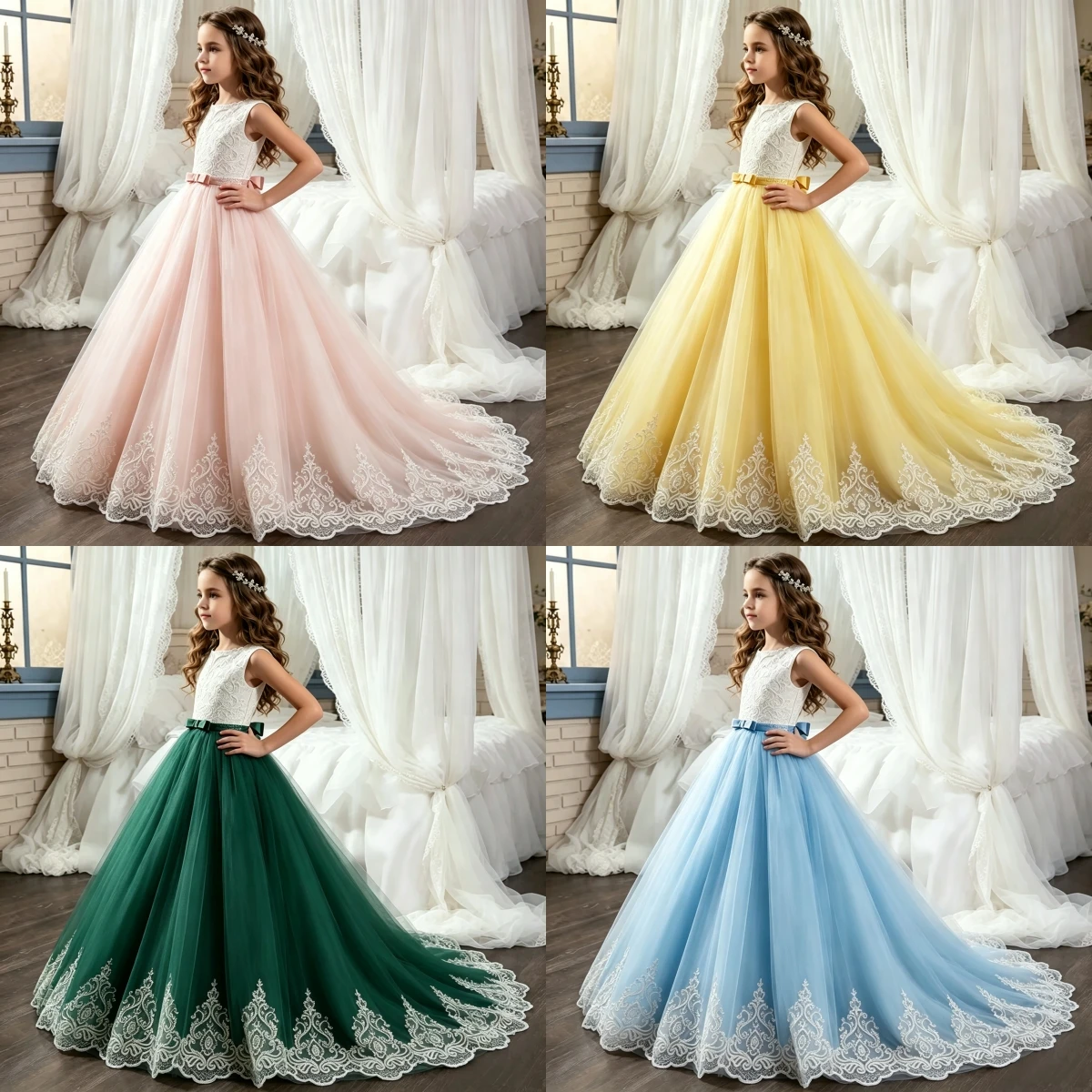Opulent Handcrafted Flower Girl Dress Vintage Lace Satin Bow Waist Long Train Tulle Gown Kids Wedding Birthday Communion Pageant