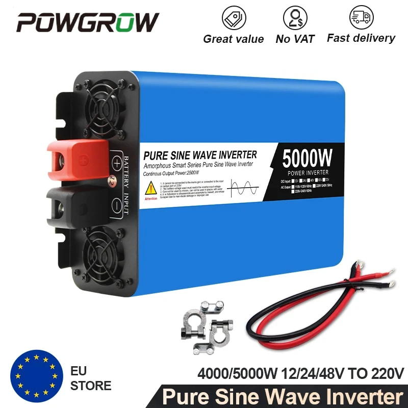 POWGROW Onduleur à Onde Sinusoïdale Pure 12000W 5000W 4000W, Convertisseur DC 12V 24V vers AC 220V, Banque d'Alimentation Portable, Onduleur Solaire pour Voiture, Transformateur