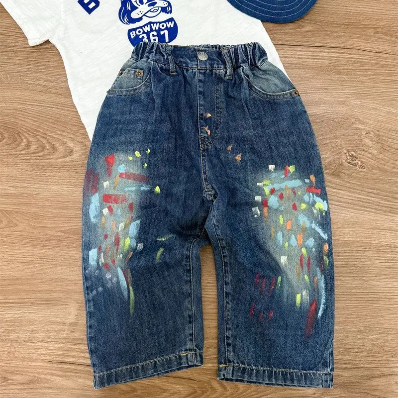 Calças Jeans Leves e Respiráveis Feitas à Mão com Estampa de Tinta, Modelo Seline Spin Soft Cow, Conjunto de Nove Peças, Novo...