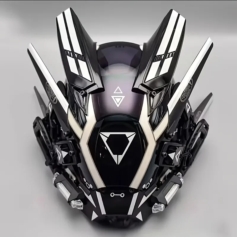 

Two cyberpunk LED masks, with horns and fringe decorations. Perfect for dressing up, cosplay photography, gifts, or collectibles