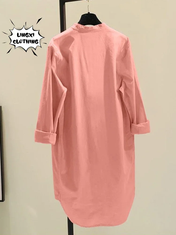 Mode Neue Elegante Solide Baumwolle Leinen frauen Hemd Einreiher Rundhals Casual Pendler Stil Mid Länge Hemd