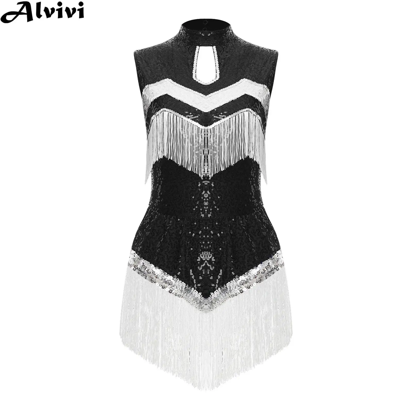

Women Latin Jazz Dance Ballroom Cha-cha Tango Rumba Samba Leotard Dress Sleeveless Shiny Sequin Tassels Bodysuit Dancewaer