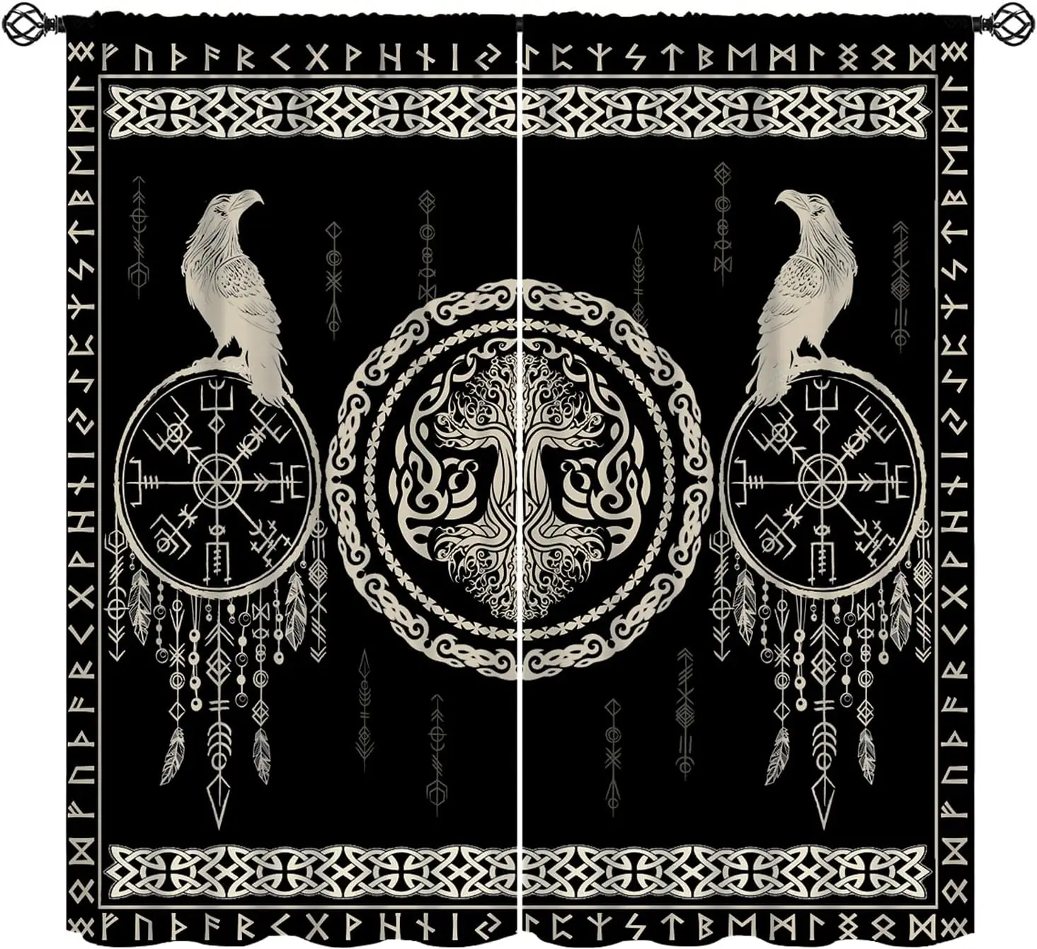 Dark Norse Yggdrasil Raven Symbol Blackout Rod Pocket Curtain Interlace Knot Feather Decor Retro Homestay Bedroom Rest Bay