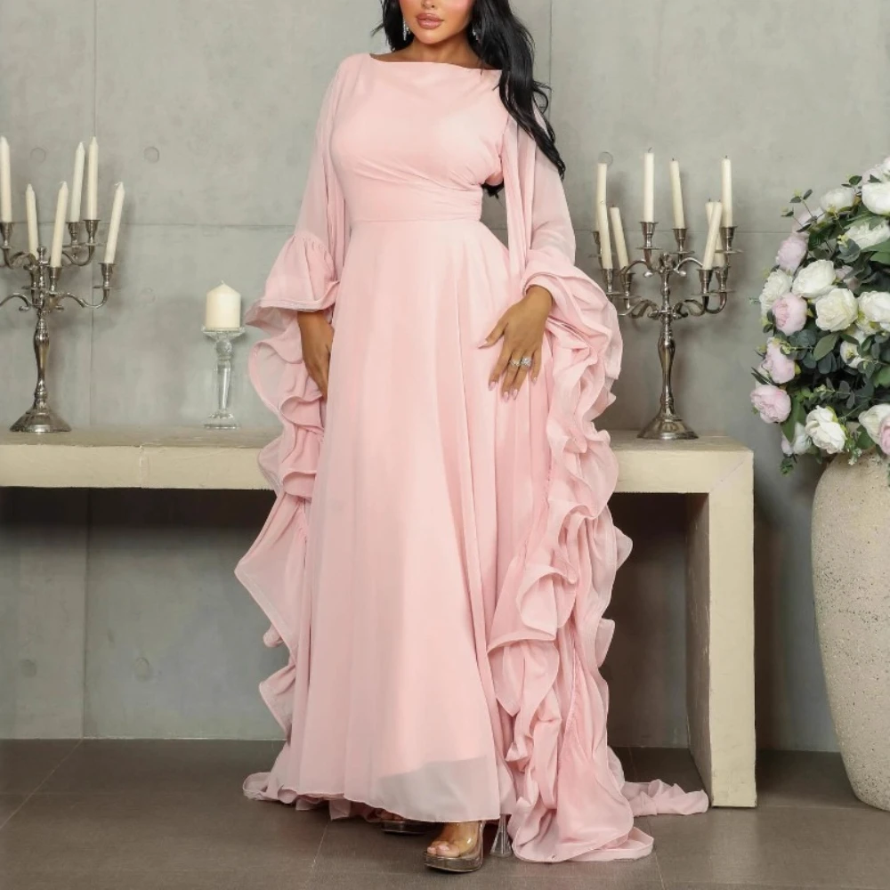 VGH Abiti lunghi sexy di lusso a sbuffo per le donne O collo manica lunga Patchowrk volant vita alta abito da sera trasparente primavera femminile