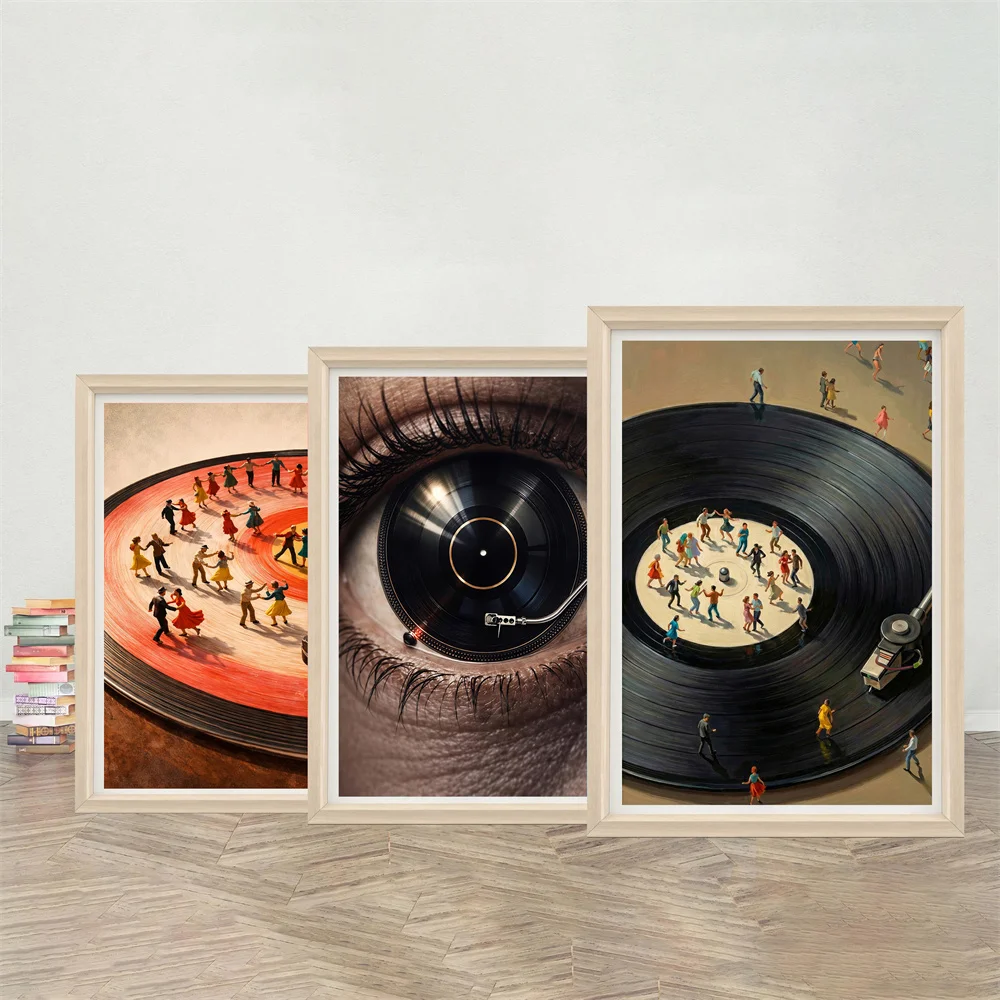 Vinyl Record Player Wall Decoration, Retro Turntable Paired with Mini Dancer Concept Music Posters, Abstract Art Canvas Painting