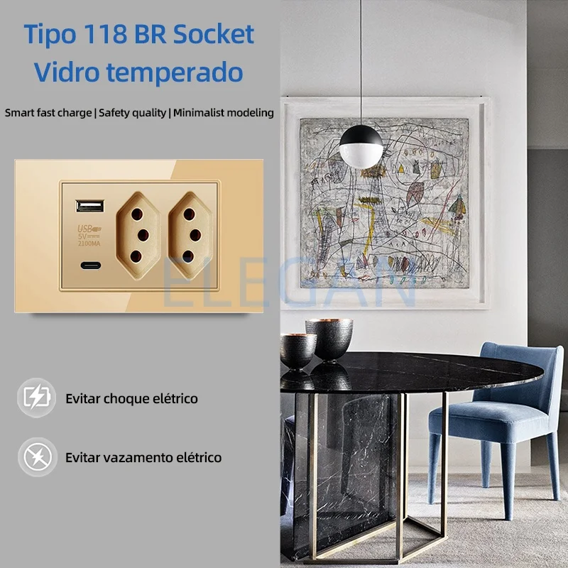 Picture 6: ELEGAN Tempered Glass Full-paddle Brazil USB Type C Fast Charging 20W Wall Socket Switch Integrated Module 10A 20A