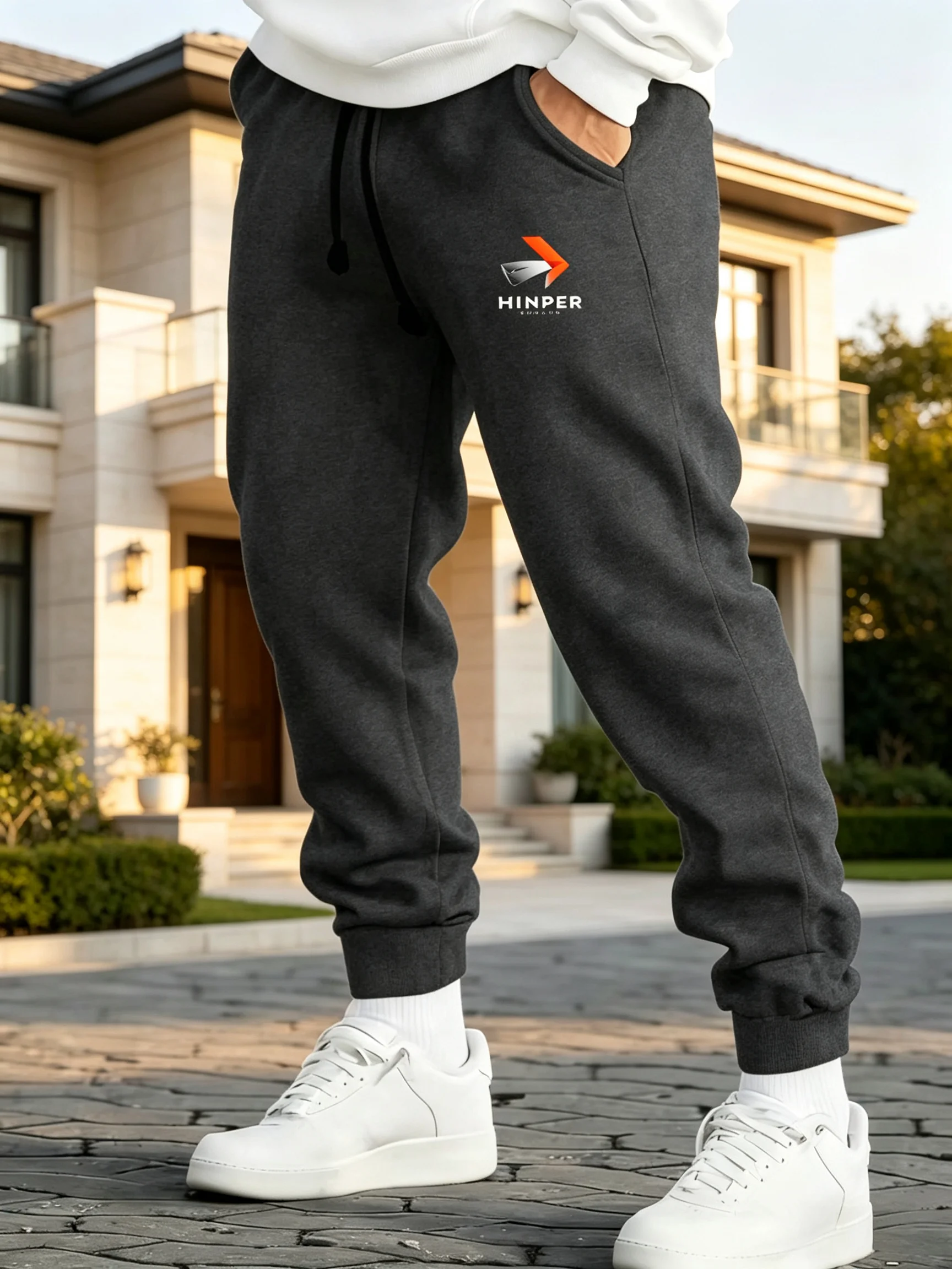 Men Black Minper Logo Print Jogger Pants Tapered Cuffed Sweatpants Soft Fabric For Gym Outdoor Fall Winter Hand Washable