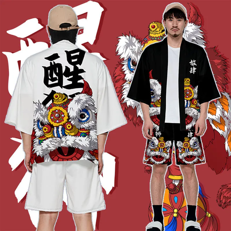 

Novelty Two-piece Suit Japanese Cardigan men Cosplay Lion dance Print Yukata Kimono Shorts Sets Patchwork Asian Traditional