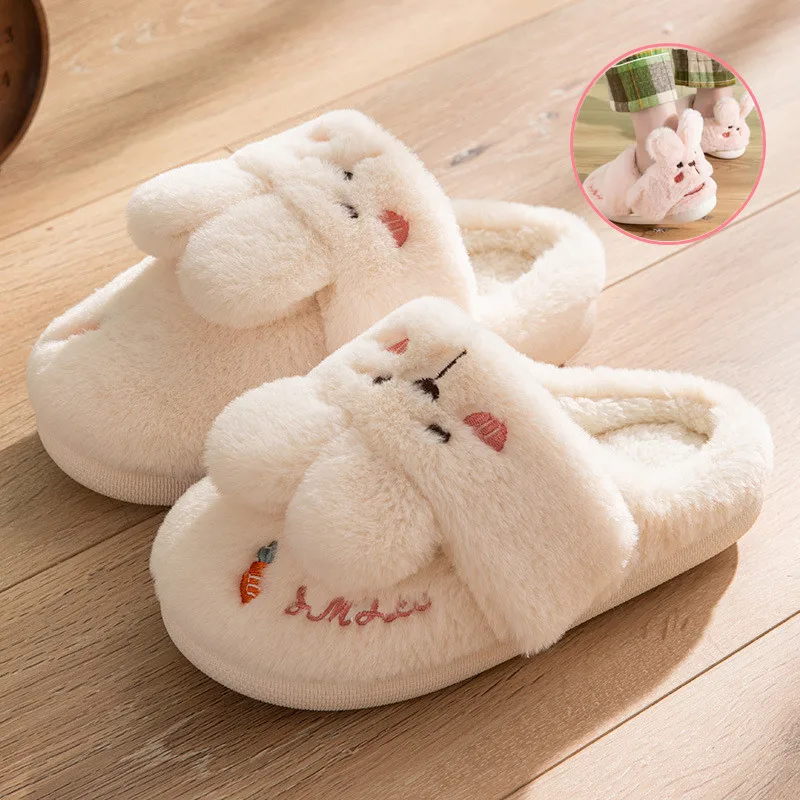 Women Winter Home Slippers Non-Slip Soft Warm House Shoes Men Ladies Indoor Bedroom Couples Cartoon Rabbit Bear Floor Slides