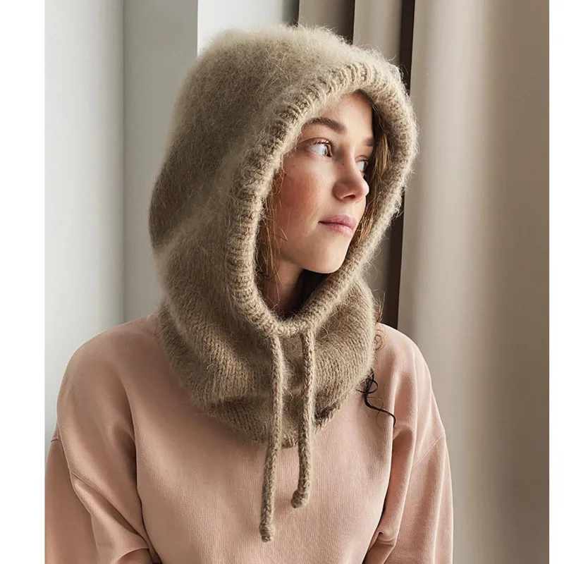 

Autumn Winter Women Knitted Hat 2022 Imitation Marten Hair Hooded Neck Collar Warm Bibneck Protection Adjustable Beanies