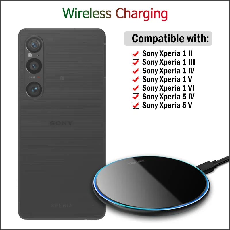 15W Fast Wireless Charger for Sony Xperia 1 II III IV V VI / Xperia 5 IV V Wireless Charging Pad with USB Cable