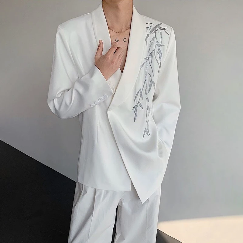 WTHT Trendy 2025 Autumn Men's Bamboo Leaves Embroidery Blazer Coats Fashion Long Sleeves Turn Down Collar Jackets Male 2A1496