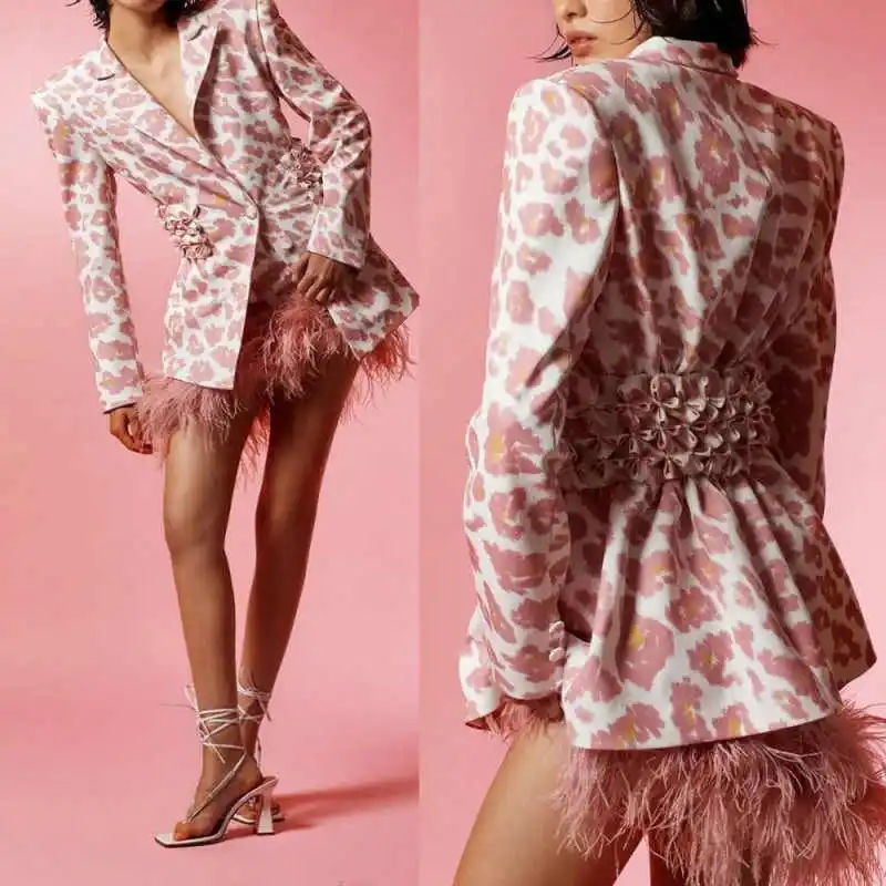 Notched Lapel Pink Leopard Print Gathered Waist Feather Hem Blazer Mini Dress Women For Club Party Custom Plus Size M26393