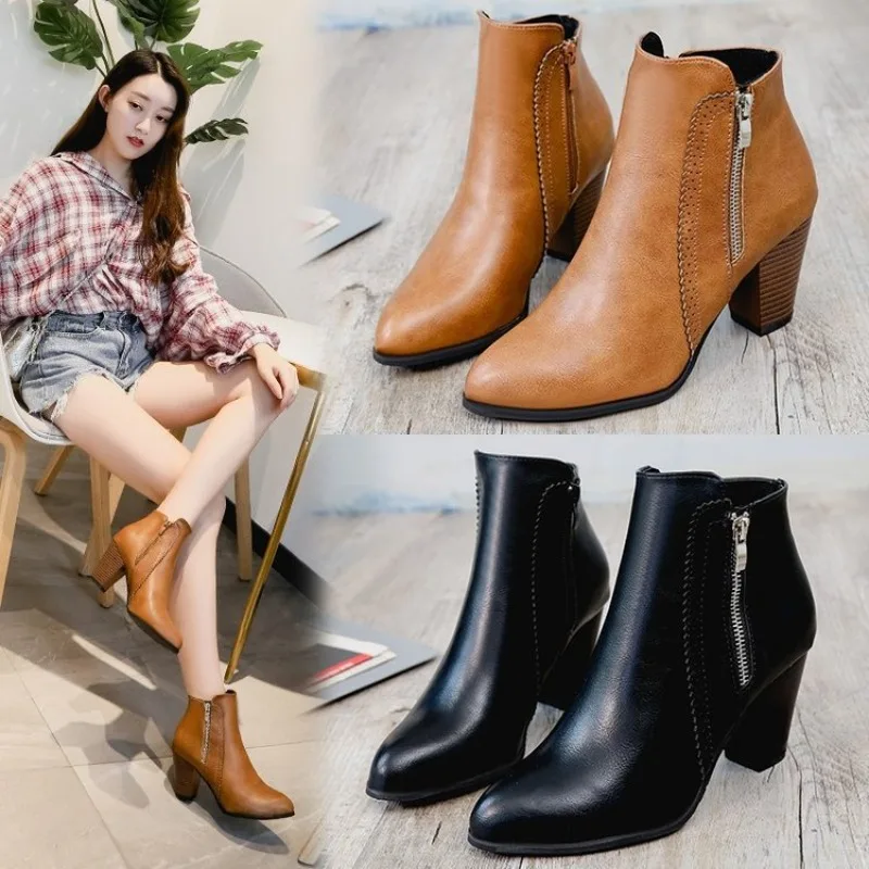 Short Boots for Women Head Layer Cowhide British Retro Handmade Chelsea Women Boots Black Thick Heel Platform Side Zipper Boots