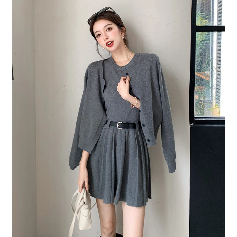 

Женская одежда, простой свитер, повседневный вязаный эластичный комплект из двух предметов, однобортный топ и комплект короткого платья без рукавов с круглым вырезом