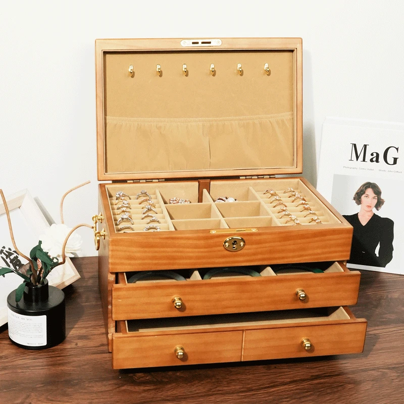 YB Drawer Jewelry Box Organizer Storage Chinese Style Pine Wooden Large Box High Capacity Luxurious Solid Wood Necklace Earrings