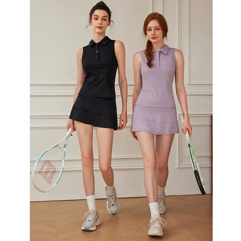 Women's Tennis Golf Skirts Set Breathable Sleeveless Slim Yoga Tops High Waist Mini Skirts with Built-in Shorts Fitness Outfits