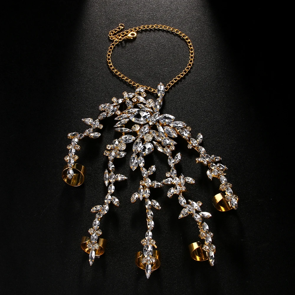 Stonefans Boho Crystal Finger Harness Bracelet Bridal Hand Decoration Wedding Gift Exaggerated Rhinestone Bangles Ring for Women