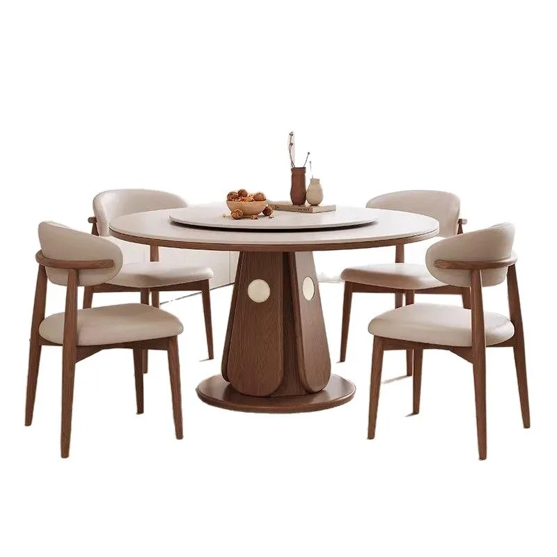 Vintage Round Dining Table Set with Turntable for Small Living Rooms Home Use Marble Top Table Chairs for Dining