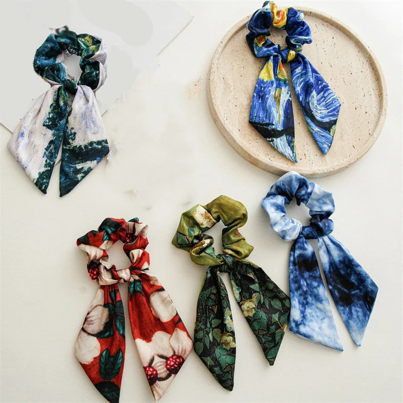 Women\'s Hair Accessories Girl Lady Elastic Headband Scrunchies With Ribbon Floral Design Trend Bandana Band Headbands Fashion