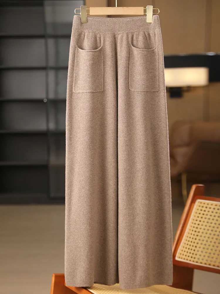 

New Women100% Merino Wool Knitted Wide Leg Pants Pocket Design Autumn Winter Basic Soft Warm Cashmere Knit Trousers Casual Style